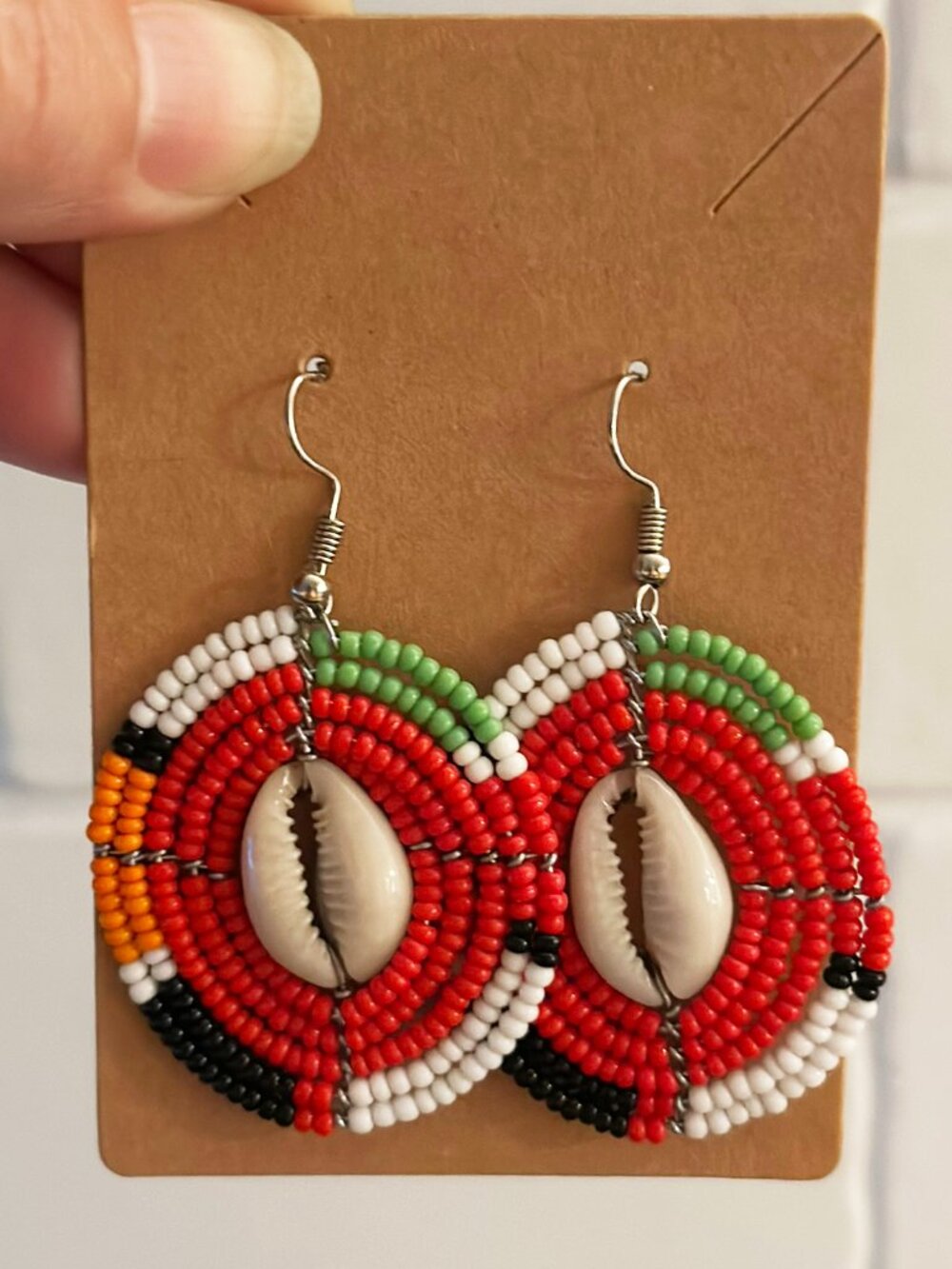 Handmade Maasai Beaded Earrings With Cowrie Shell Accent - Bold Boho Style NEW
